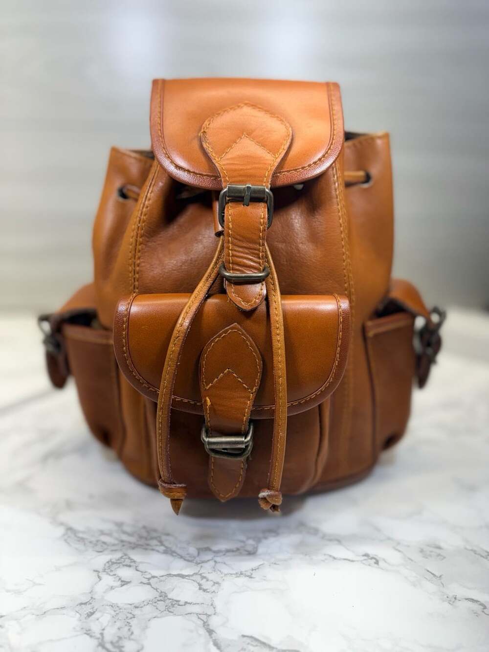 Vintage Brown Genuine Leather Drawstring Backpack Rucksack with Front Pocket
